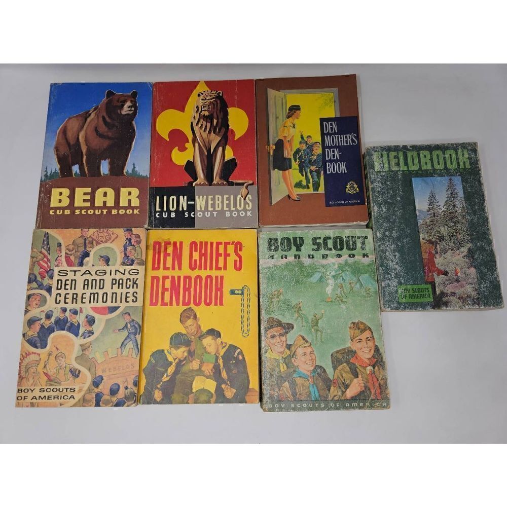 LOT OF 7 BOY CUB SCOUT BOOKS 60'S BEAR LION DEN CHIEF MOTHER HAND FIELD BOOK